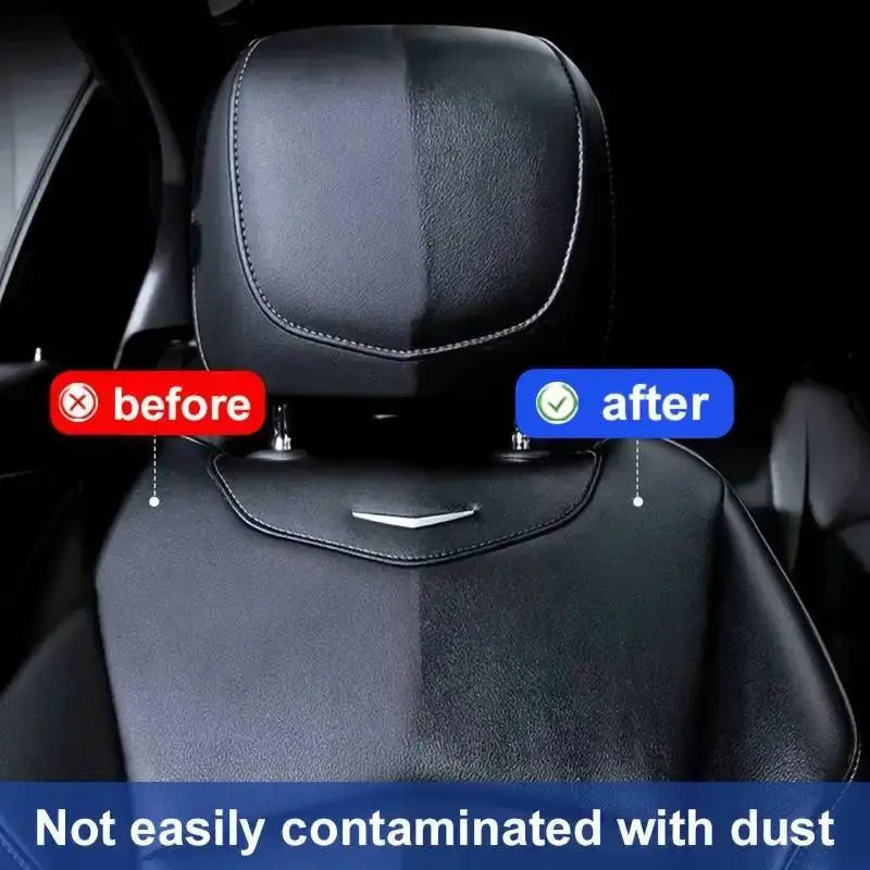 Car interior repair wax by Simples Market for leather, plastic and rubber; before/after on black car seat