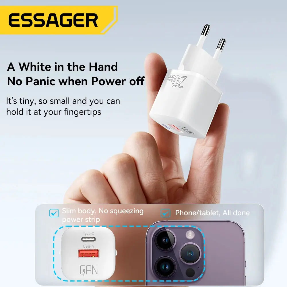 Essager 20W GaN PD USB-C charger, white compact wall adapter by Simples Market