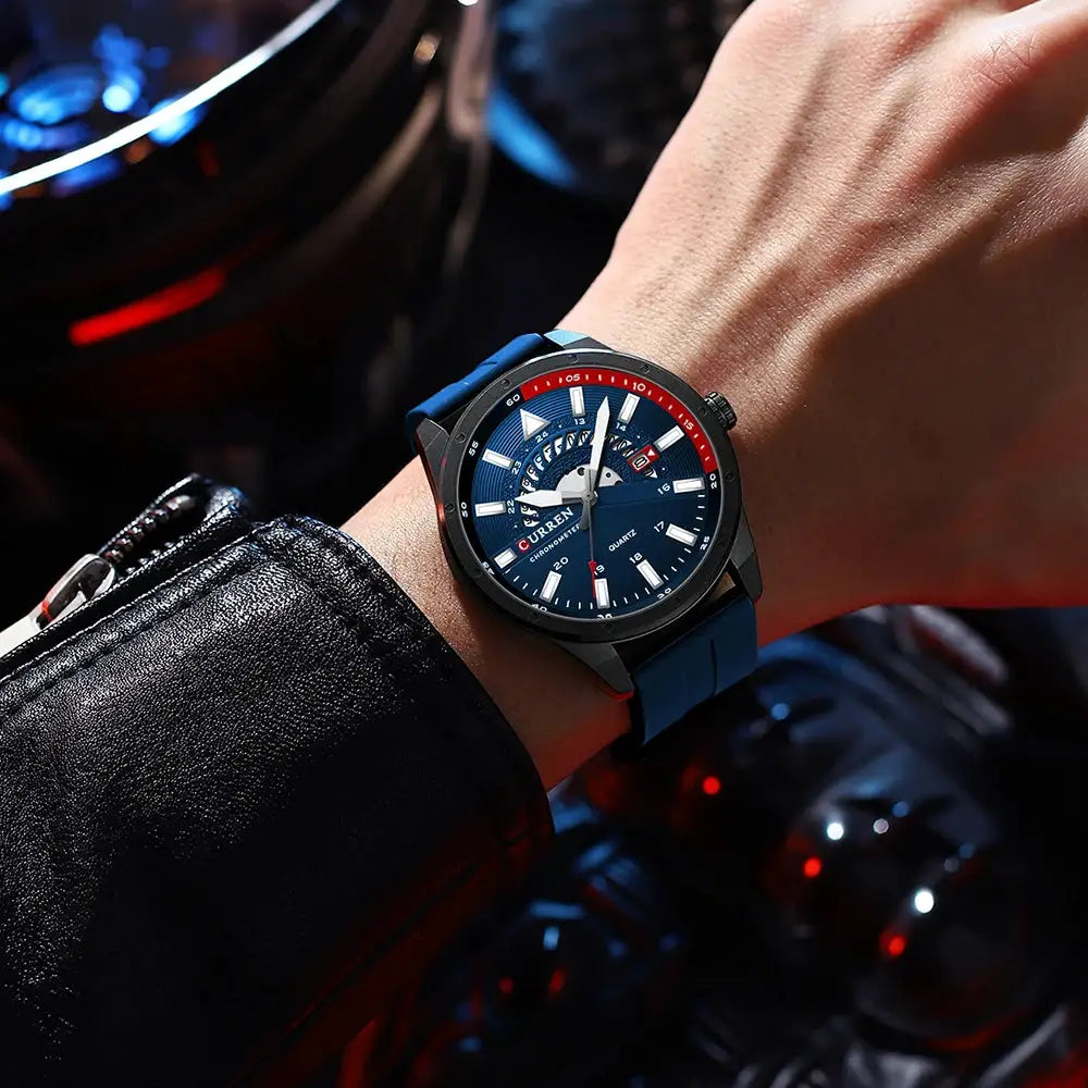 CURREN men's fashion watch with blue dial and blue silicone strap, black case