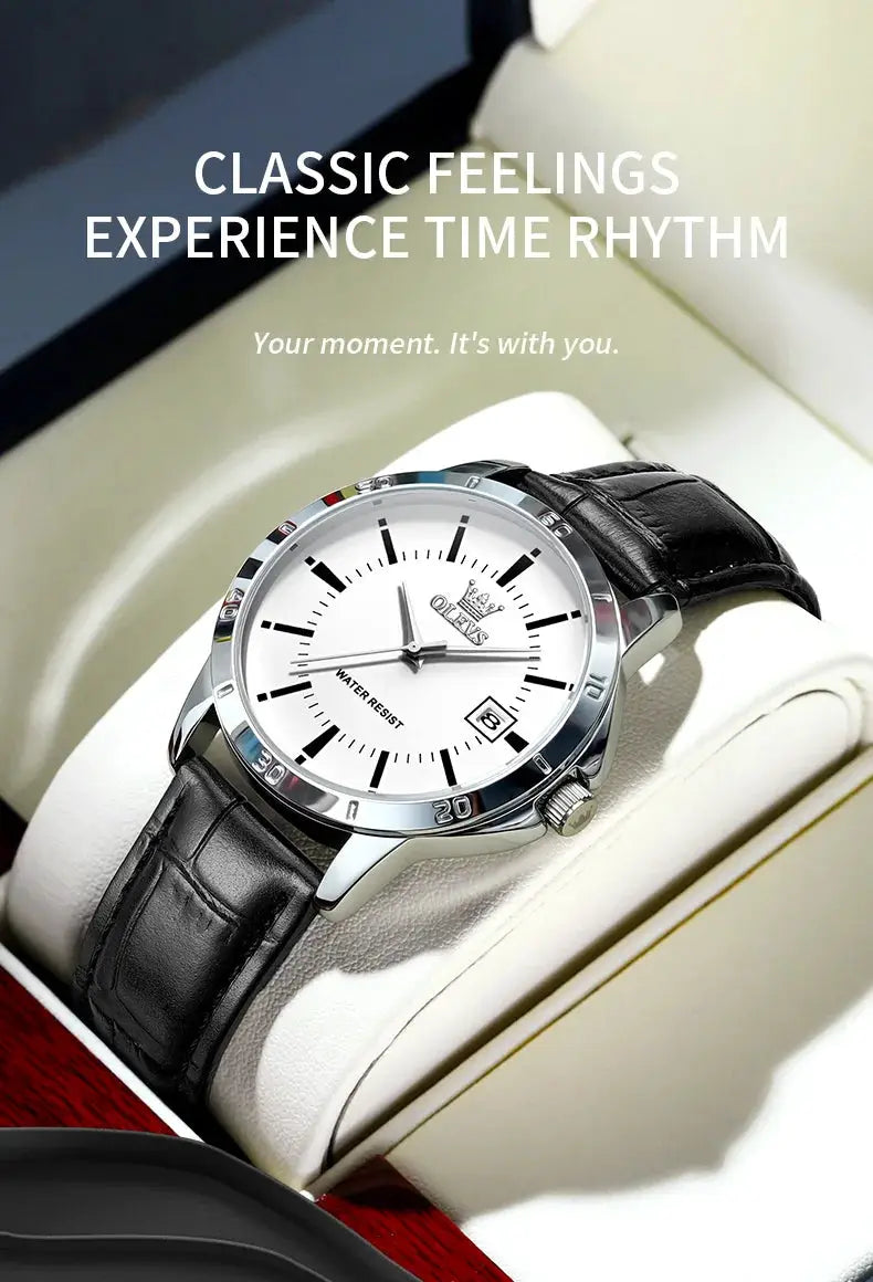 OLEVS men's wristwatch with black leather strap, white dial, stainless steel case, date window.