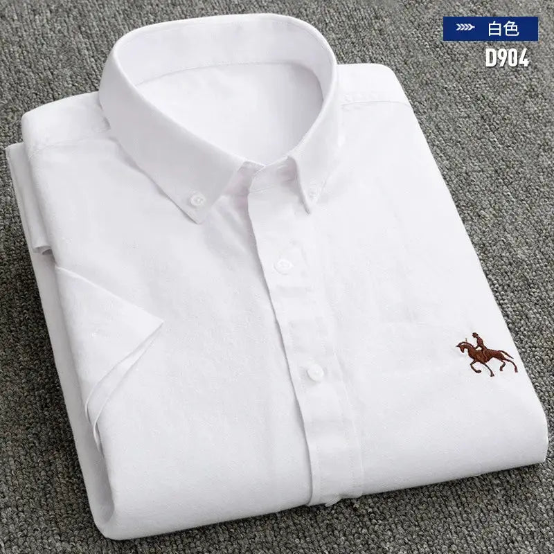 Men's white short-sleeve Oxford dress shirt, 100% cotton, with brown horse logo embroidery