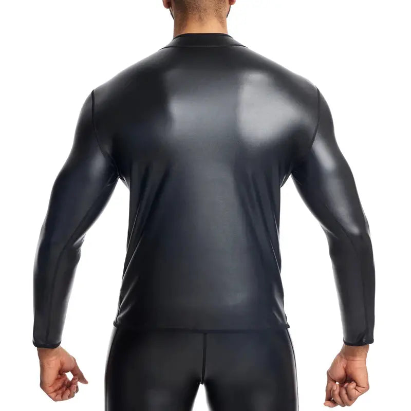 Simples Market men's stand-collar leather-look long-sleeve shirt, black