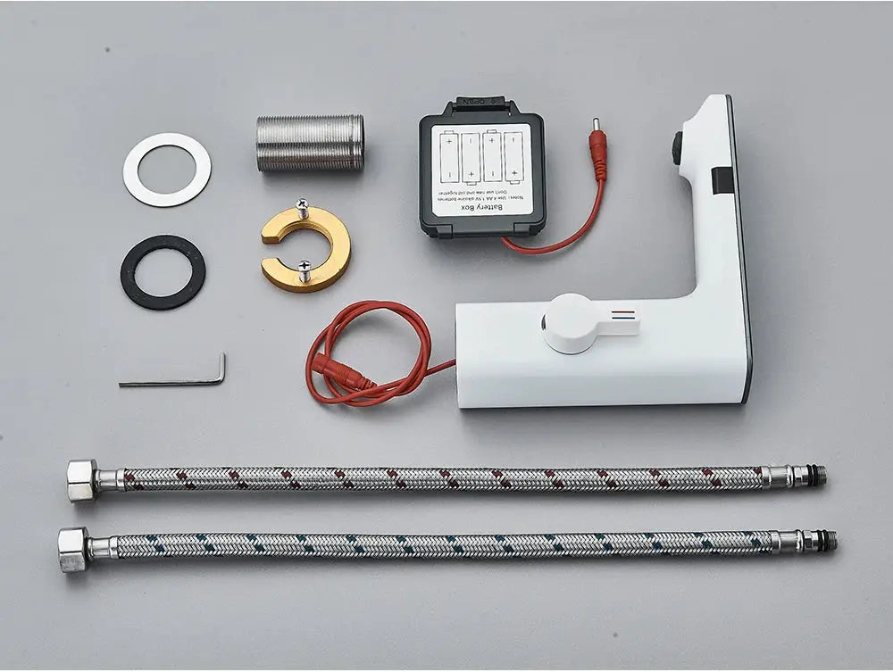 White Simples Market smart sensor basin faucet with digital display; touchless hot/cold mixer with braided hoses.