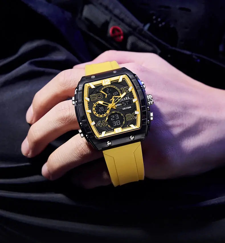 SMAEL 8109 men's square dual-display sport watch with yellow silicone strap