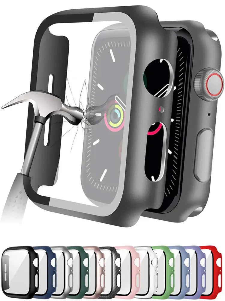 Simples Market Apple Watch tempered glass screen protector and protective case, fits 40–45mm, assorted colors