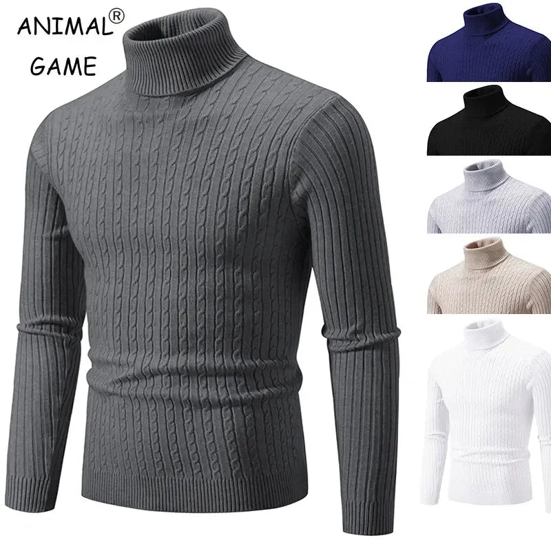 Men's gray turtleneck cable-knit sweater by Simples Market; 5 color options visible