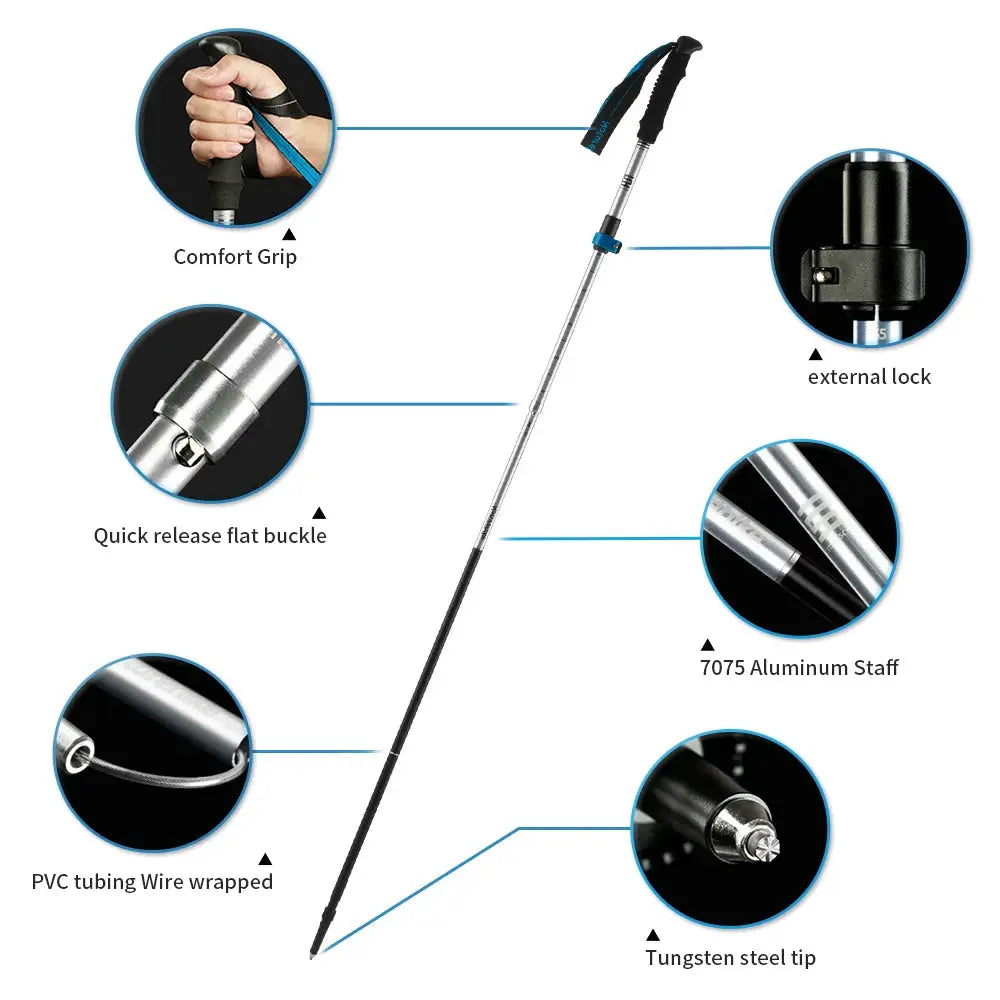 Trekking pole Naturehike, ultralight 7075 aluminum, black comfort grip, Simples Market