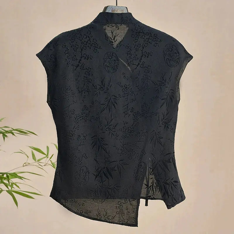Cheongsam-style black jacquard top with short sleeves