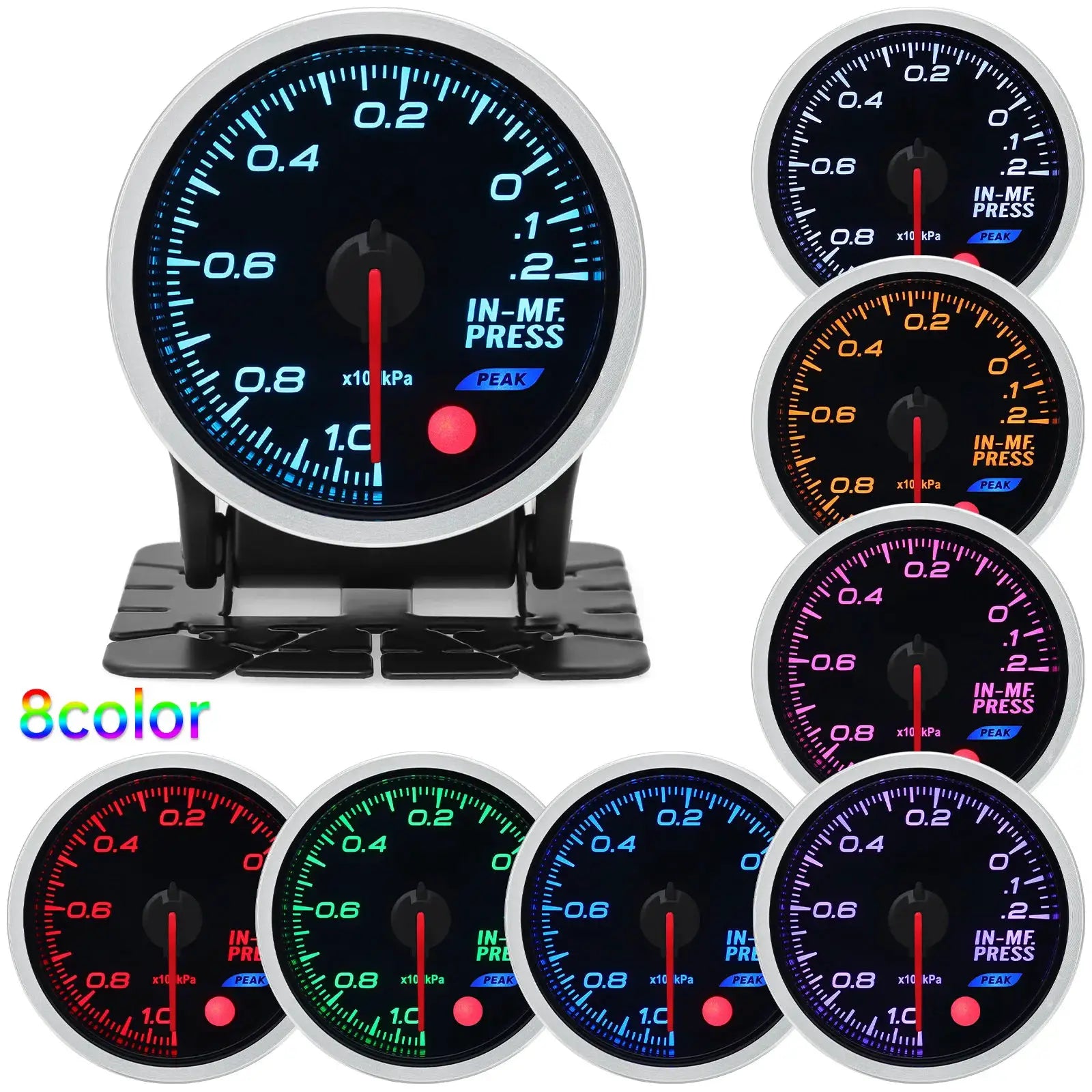 Universal 52mm racing gauge set with 8 colors for oil pressure, water temp, EGT, exhaust temp, turbo boost, tachometer