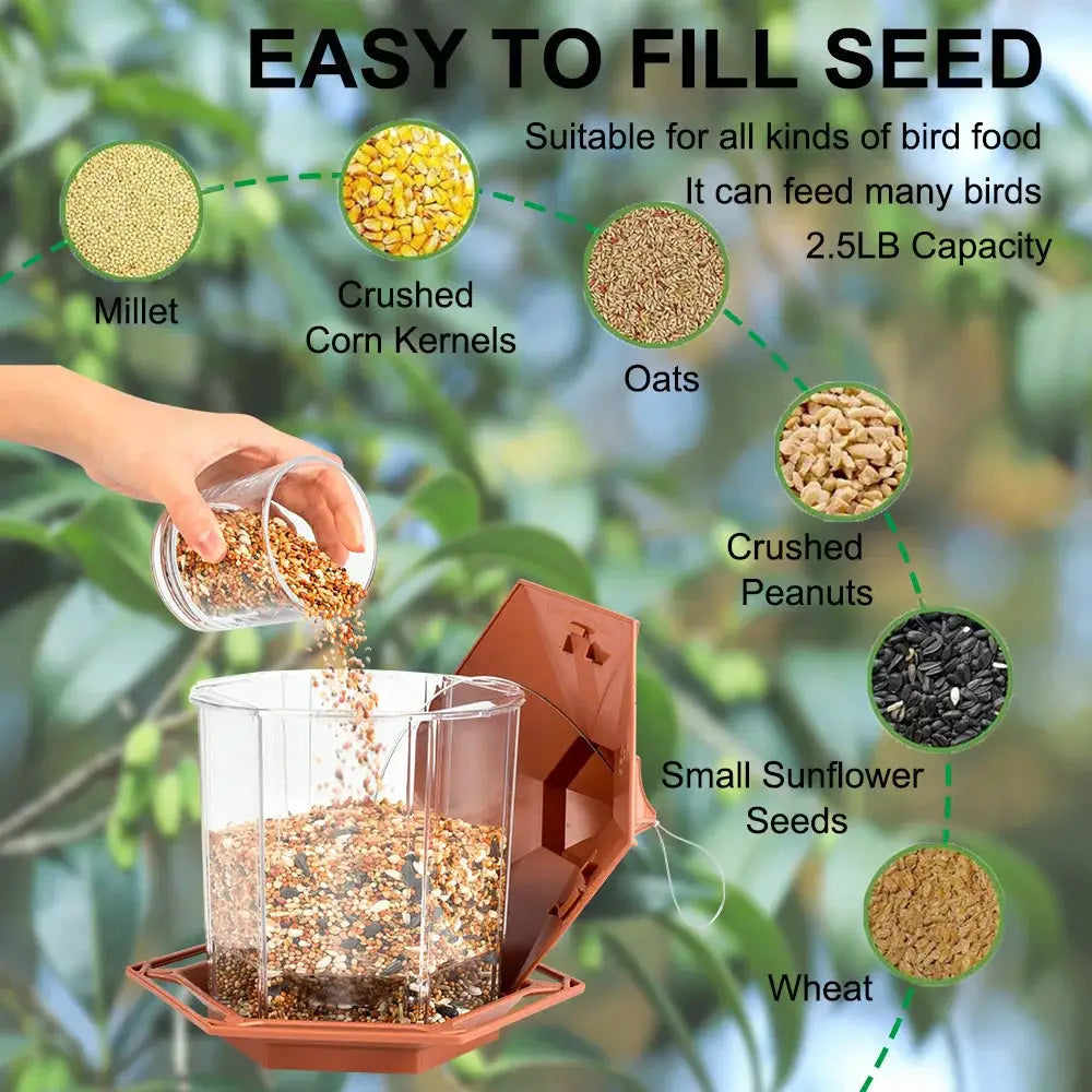 Automatic hanging bird feeder with clear seed hopper and brown base, multi-hole design.