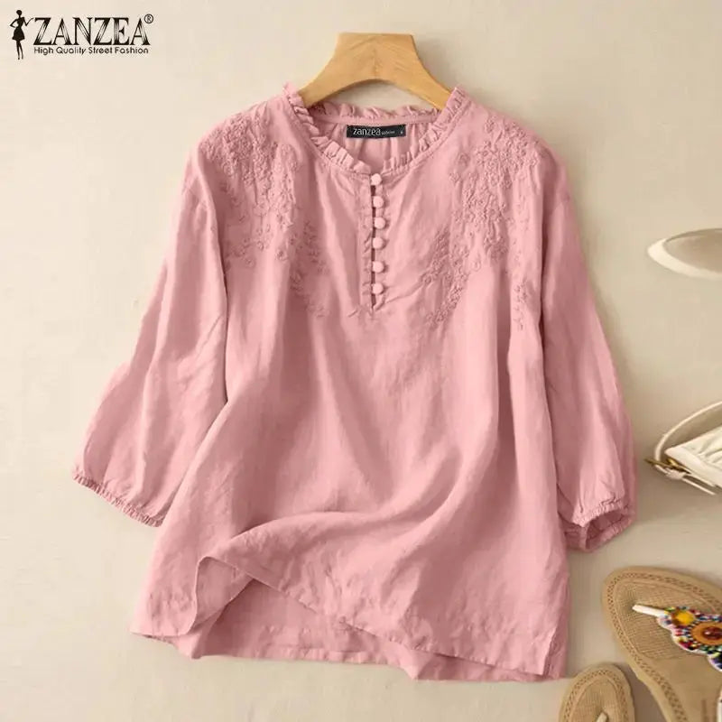 ZANZEA Summer Vintage Womens Blouse O Neck ThreeQuarter Sleeve Cotton