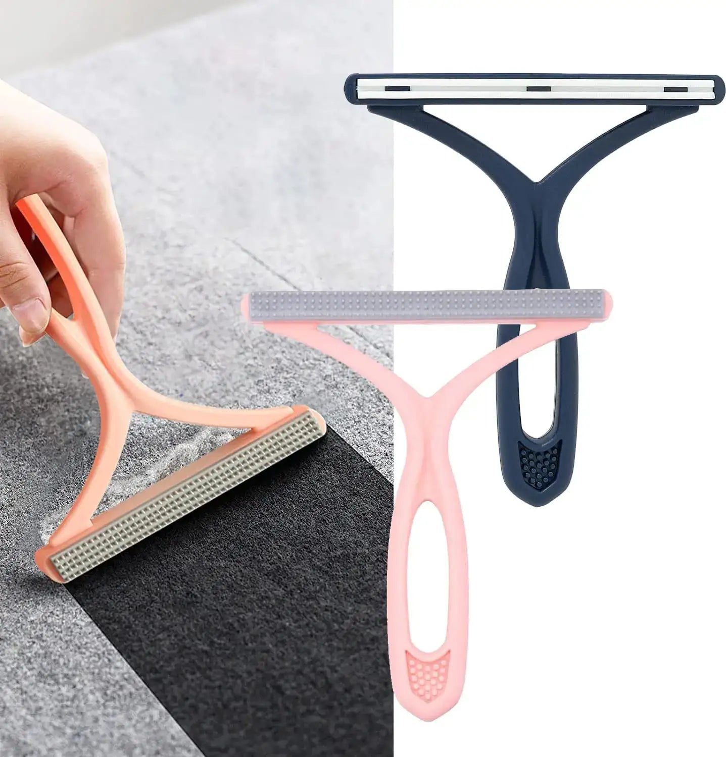 2-piece silicone double-sided pet hair remover set with pink and navy handheld fabric shavers
