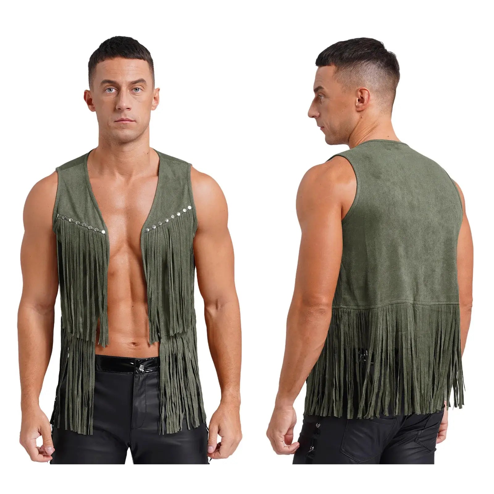 Mens olive green faux suede tassel vest with fringe and rivet trim, open-front sleeveless waistcoat.