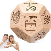 Wooden food decision dice for couples; natural wood with Burgers, Pizza and Sushi icons.