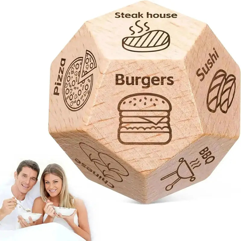 Wooden food decision dice for couples; natural wood with Burgers, Pizza and Sushi icons.