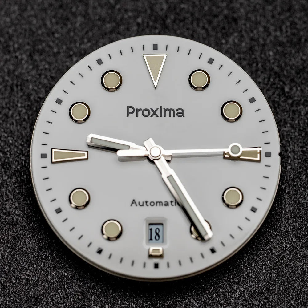 Proxima PX1697 watch dial with white enamel face, luminous markers, date window