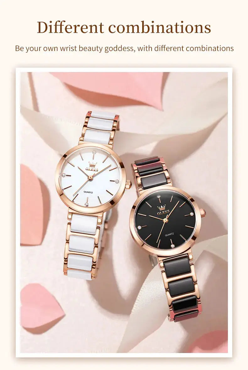 OLEVS two women's watches; rose-gold case with two-tone bracelets and white/black dials, quartz movement
