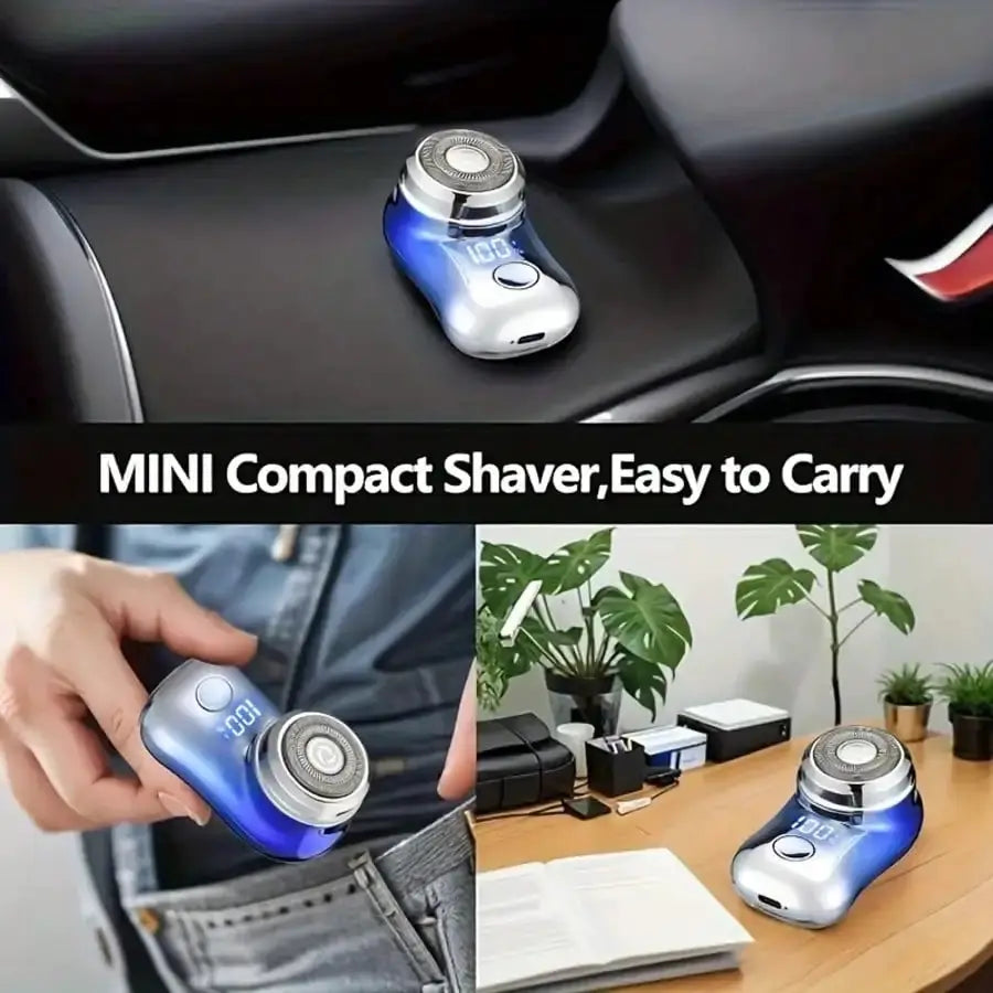 Rechargeable electric shaver for men with digital display, blue compact cordless foil razor for travel