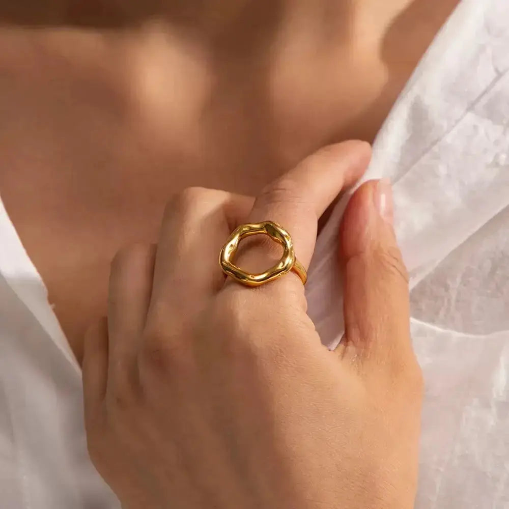 Geometric Wide Edge Adjustable Ring In Electroplated Gold With Minimalist Design For Daily Wear And Special Occasions