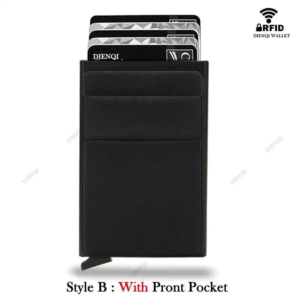 Black RFID card holder for men with a front pocket, DIENQI logo visible.