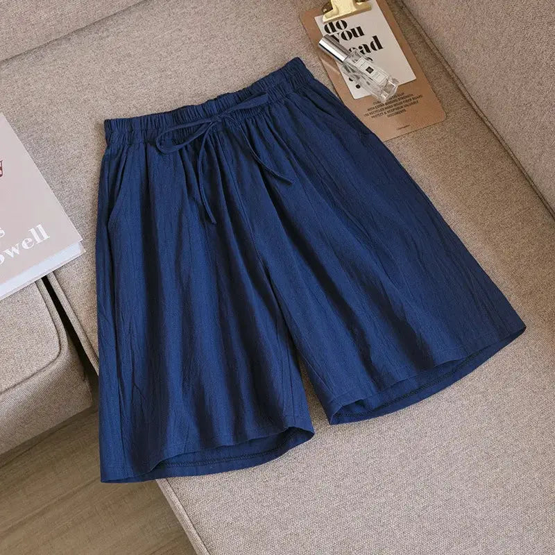 Women's navy cotton shorts, Simples Market, high-waist, loose-fit with two pockets and drawstring.