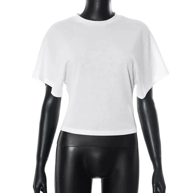 Womens Pure Cotton Crew Neck Cropped Top Short Sleeve Loose Fit Solid Colour Tee