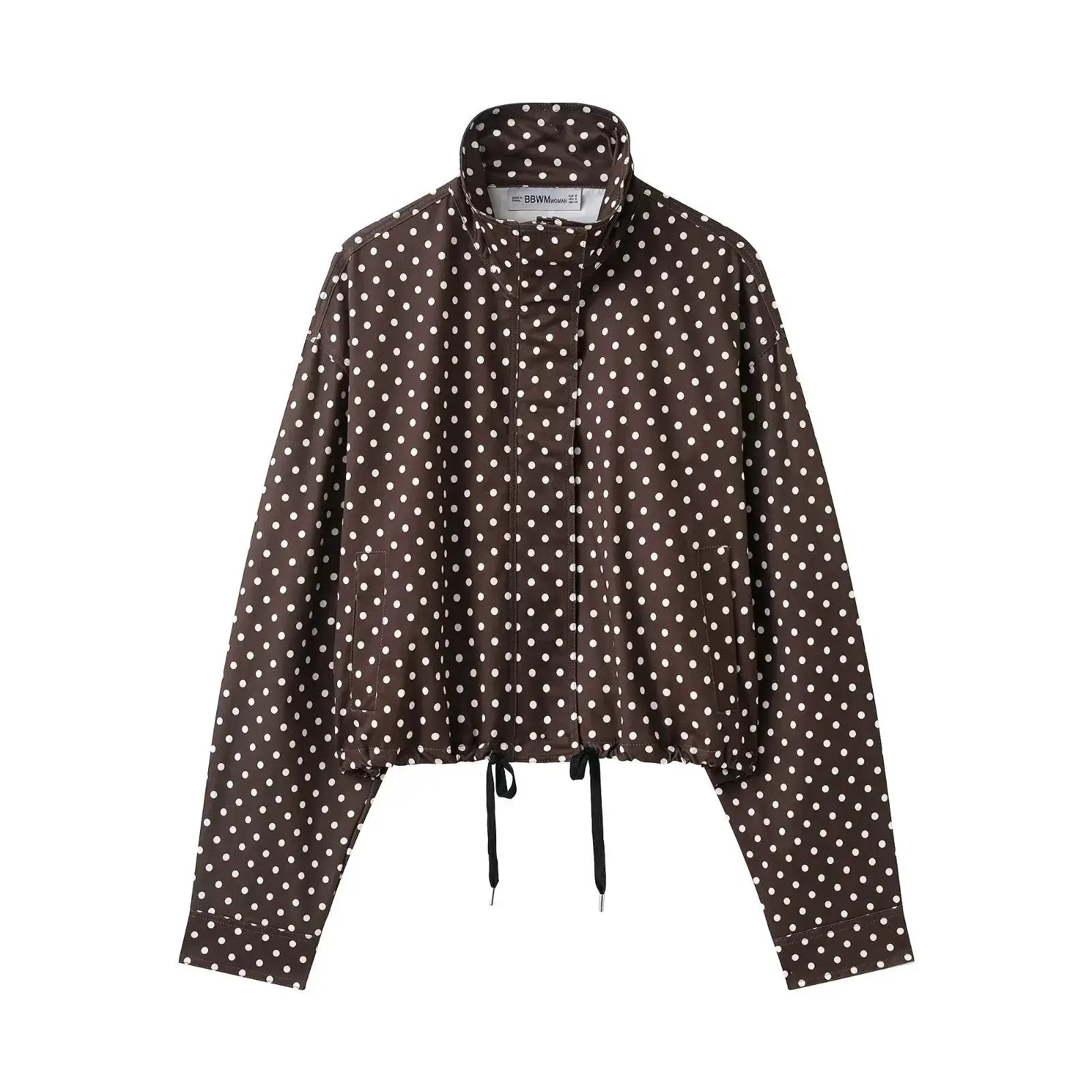 Women's Polka Dot Print Short Coat With Zipper Front Turtleneck Pockets And Drawstring Waist