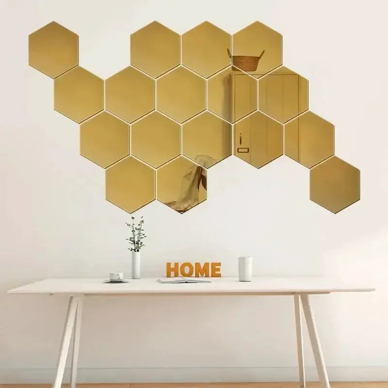 Hexagon acrylic mirror wall tiles in gold mosaic; removable five-piece set for bedroom or bathroom.