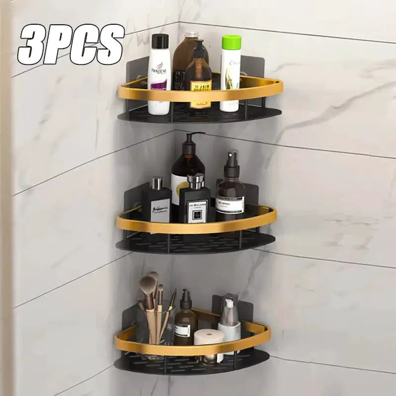 Simples Market corner shelf rack, 3-tier no-drill aluminum wall-mount shower caddy with black bases and gold rims