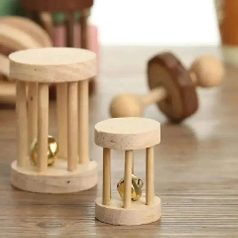 Natural wooden pine small-animal roller toy set; 2 pieces with bells for guinea pig, rabbit or hamster