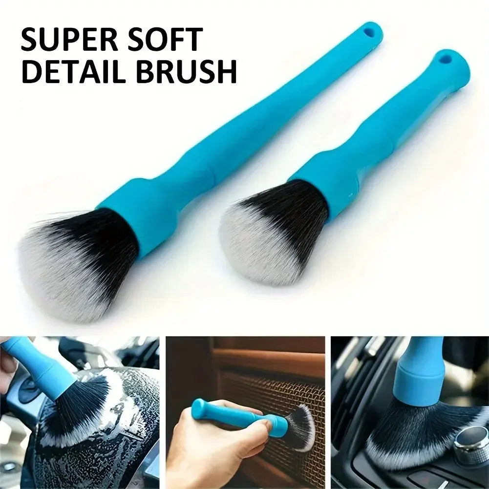 Car detailing brush set of 2 with blue handles and soft synthetic bristles for interior cleaning
