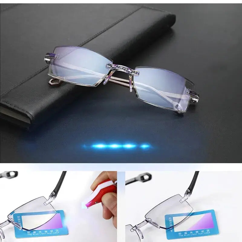 OptiVision Rimless Reading Glasses Two Pairs For Men And Women Anti Blue Light Bifocal Near To Far Magnification