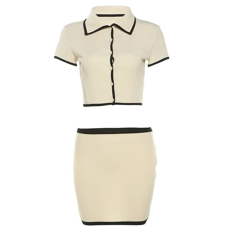 Ribbed Women Two Piece Set Polo Neck Crop Top Mini Skirt Streetwear