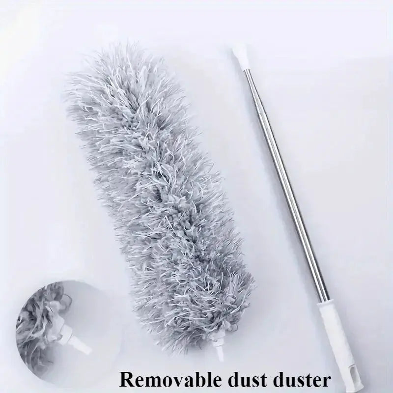 Simples Market 2.8m extendable chicken feather duster with curved fluffy grey head and metal rod.