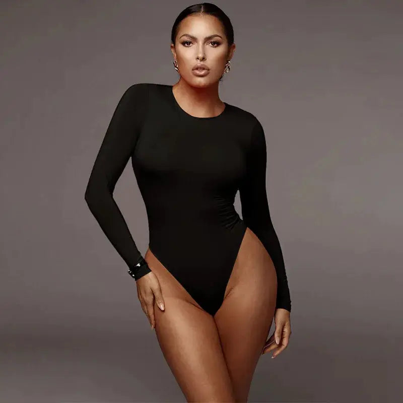 Nova O Neck Long Sleeve Bodysuit White Polyester Cotton Blend Slim Fit For Autumn Winter Streetwear