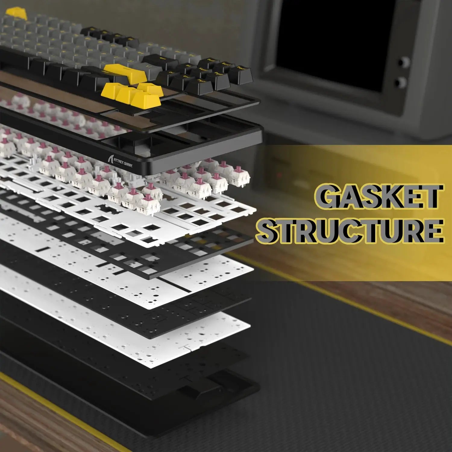 Attack Shark X87 wireless mechanical gaming keyboard with gasket structure, black body and yellow keycaps
