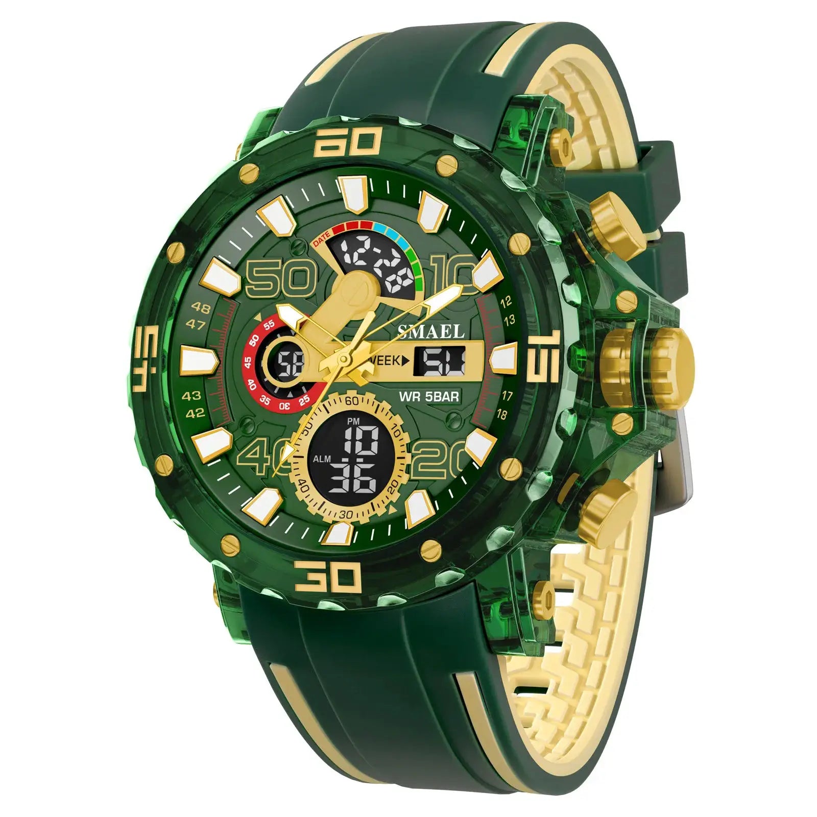 Military-style SMAEL green and gold men's digital sports watch with LED light