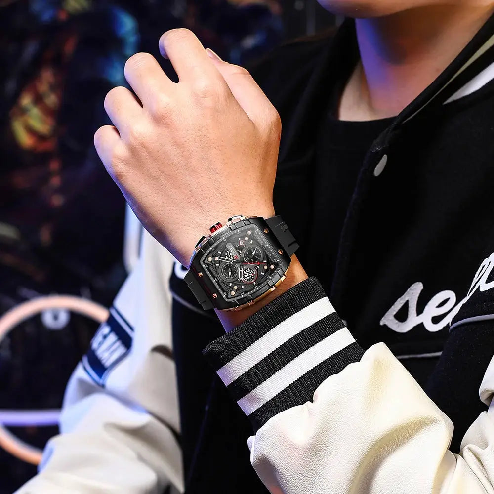 Curren Luxury Square Quartz Wristwatch For Men Water Resistant Luminous Chronograph With Date Alloy Case Silicone Strap