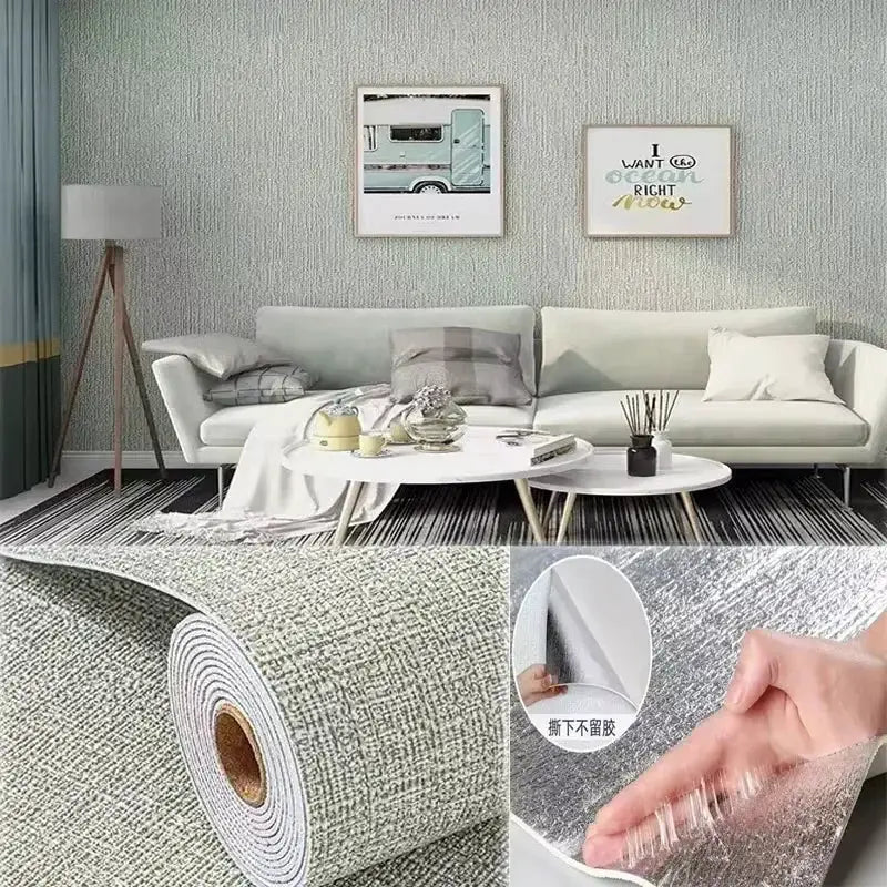 Self-Adhesive 3D Linen Foam Wallpaper, PVC moisture-proof, grey linen texture for living room, by Simples Market