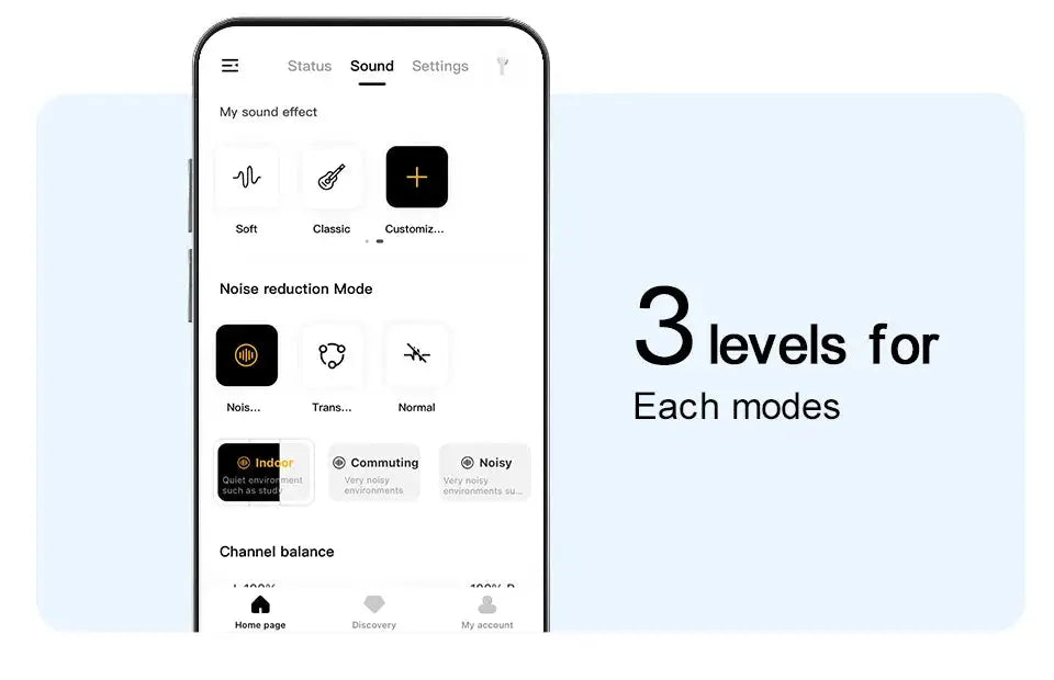 QCY HT05 ANC wireless earphones app interface on smartphone showing 3 sound mode levels