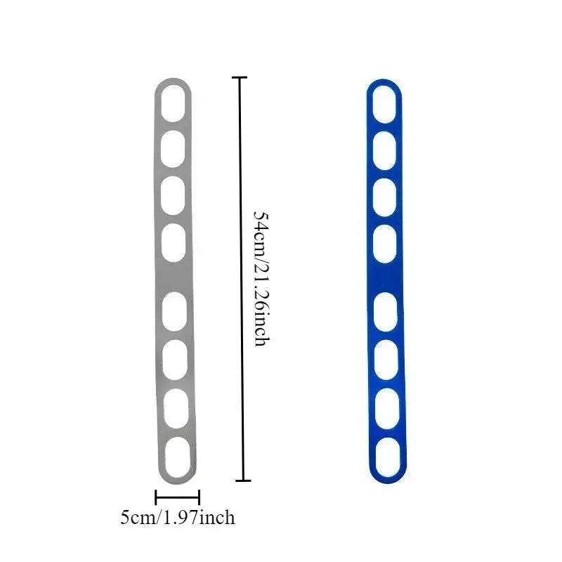 Silicone lid strap by Simples Market; reusable universal lid belt, two-color gray/blue for camping cookware, 54 cm × 5 cm.