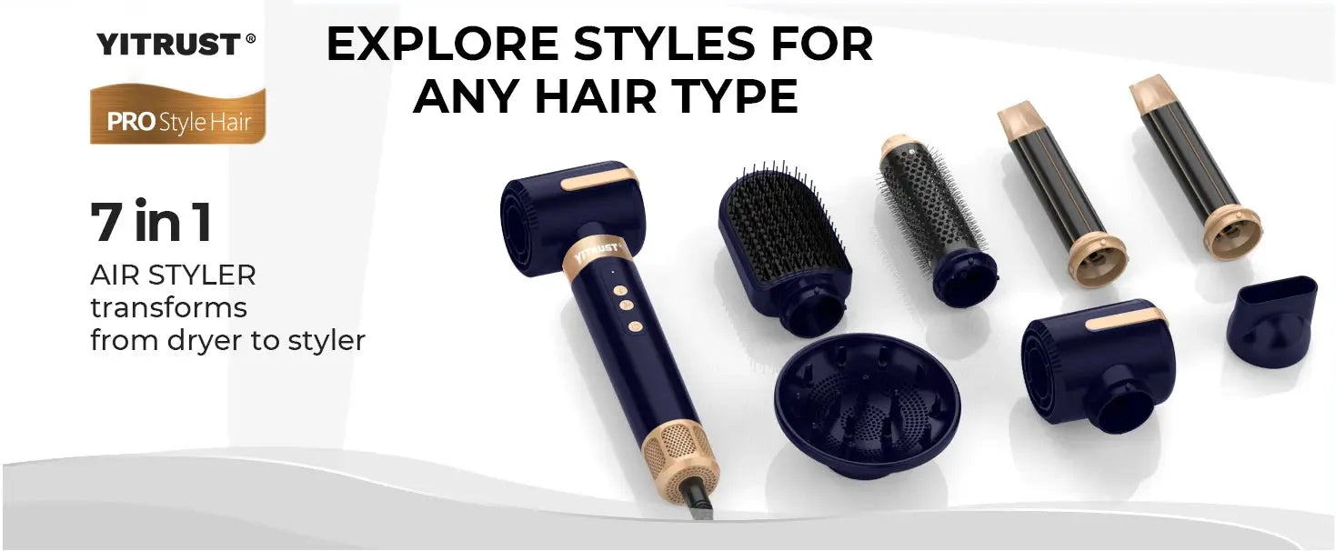 YITRUST 7-in-1 hair dryer brush set in navy blue with rose-gold accents and 7 attachments, including diffuser and styling comb