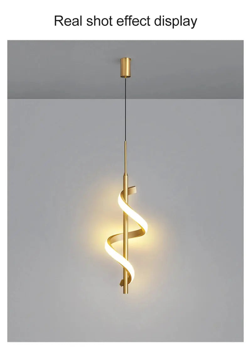 Gold spiral LED pendant lamp with brass finish for dining room ceiling