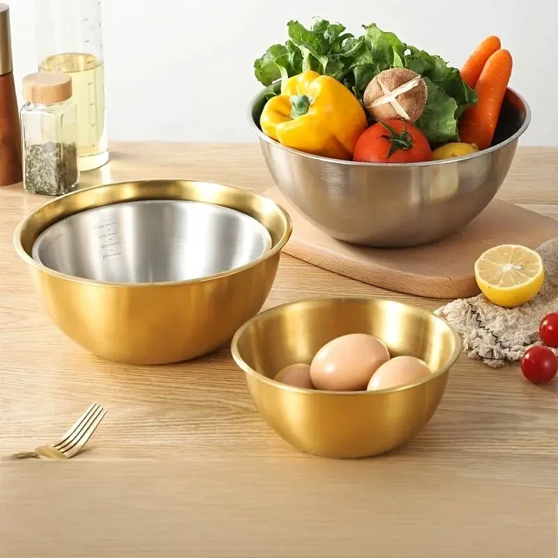 Three Piece Stainless Steel Mixing Bowls Set For Mixing Kneading Dough And Serving Salads