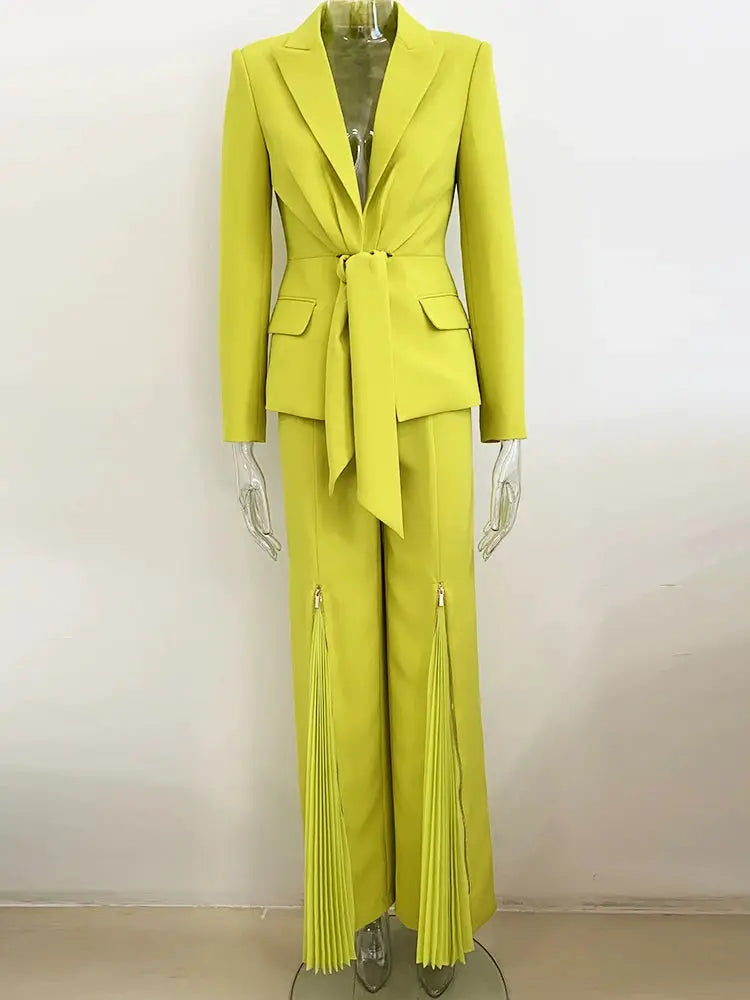2pc blazer and pants set by Simples Market in neon yellow with waist belt and fringe tassel pants