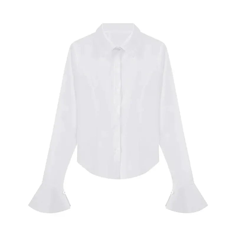 White long-sleeve blouse with bell cuffs, button-down front, curved hem