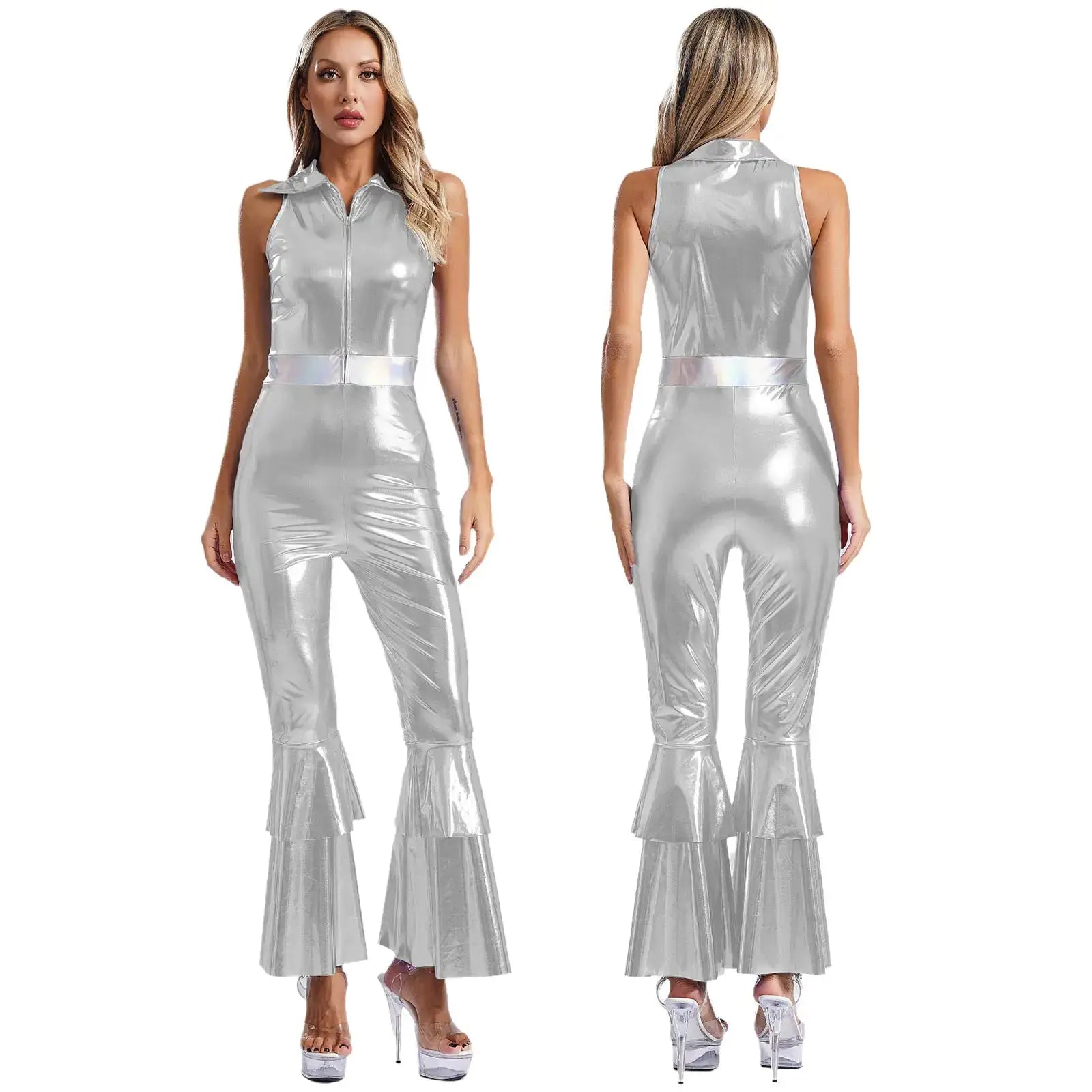 Simples Market silver metallic 70s disco jumpsuit; sleeveless zip-front bodysuit with flared bell-bottom pants, front and back views.