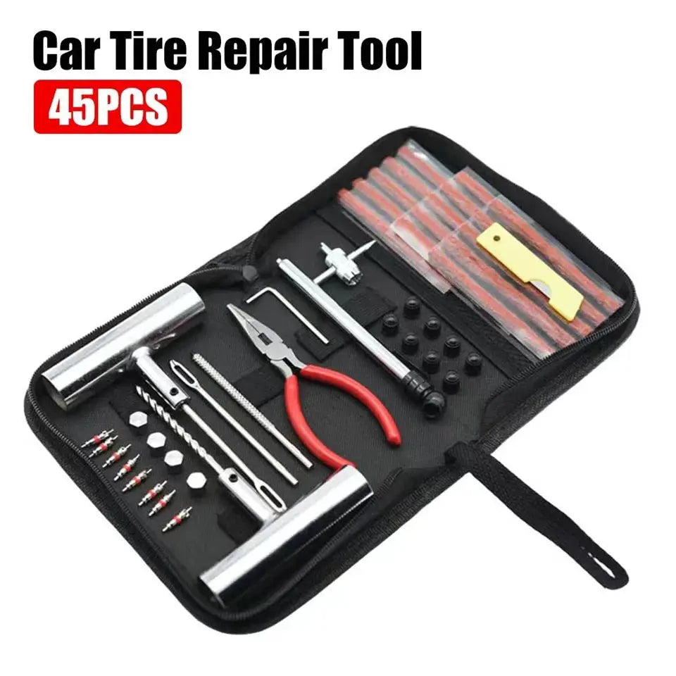 Car tire repair tool set, 45pcs, red-handled pliers included, in black roll pouch; Simples Market.