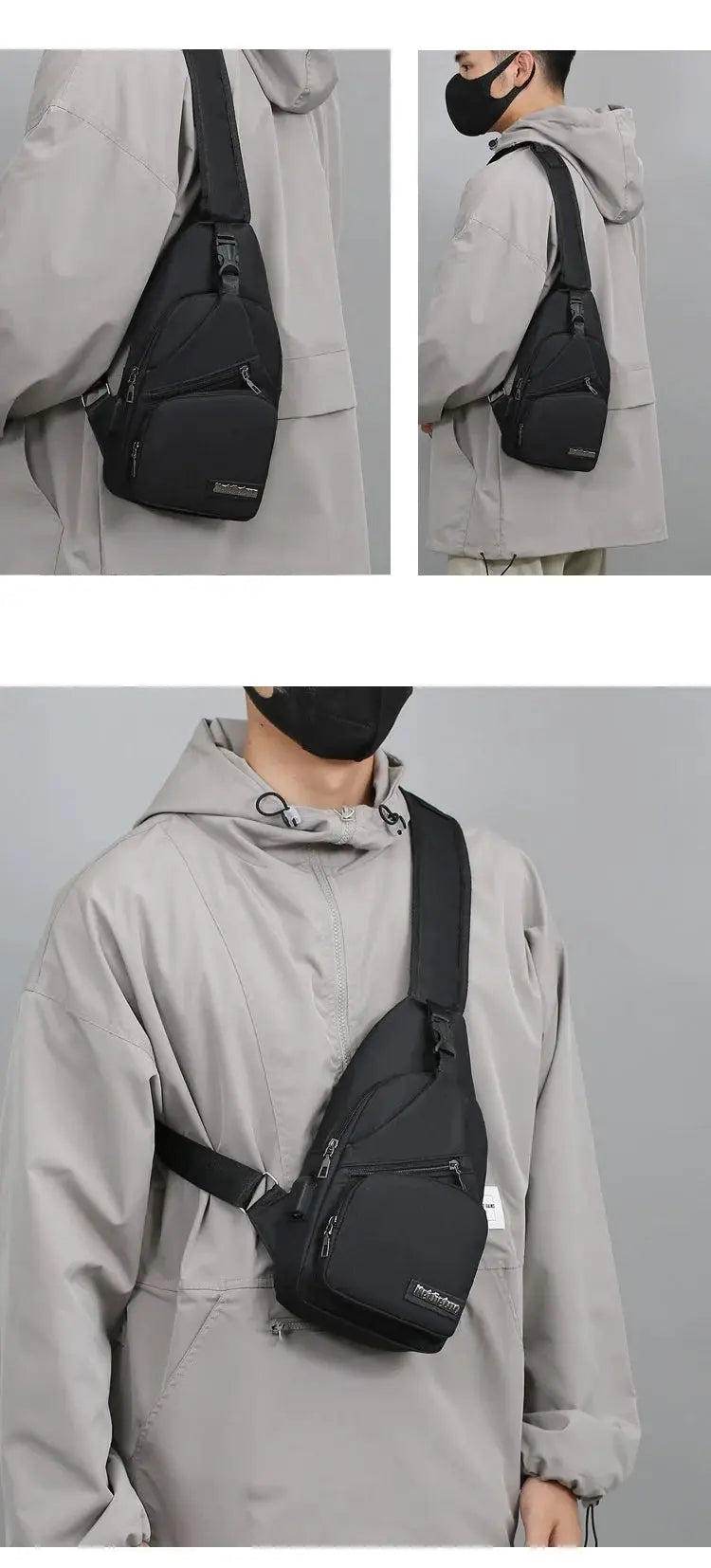 Men's chest bag, black lightweight canvas crossbody with multiple zip pockets, Simples Market.