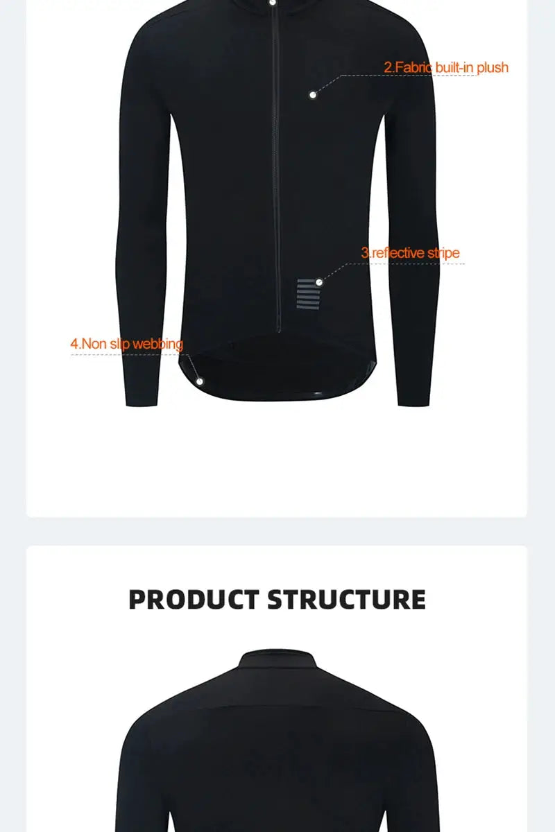 YKYWBIKE men's cycling jersey, black fleece-lined long-sleeve winter jacket with full-zip for road/MTB